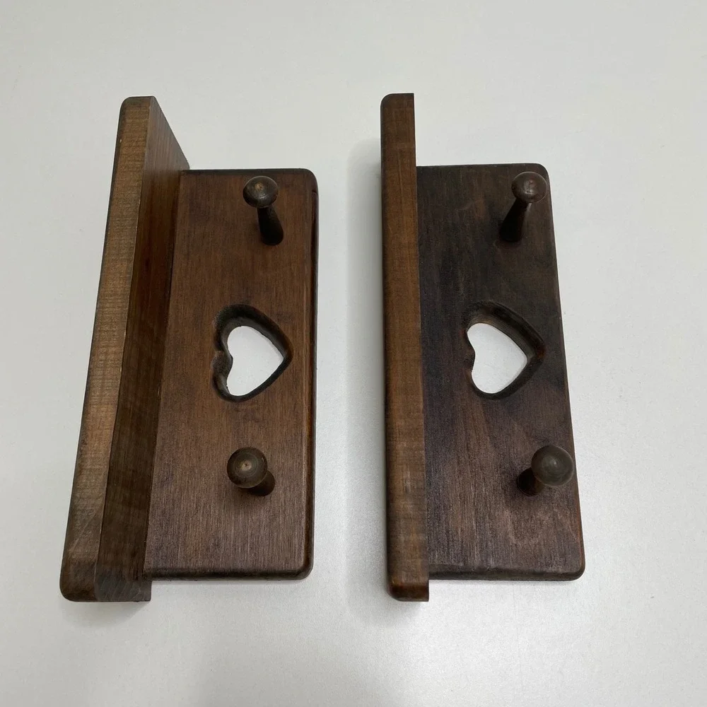 Vintage Rustic Wood Heart Cutout Wall Shelves with Pegs Set of 2 Dark Brown